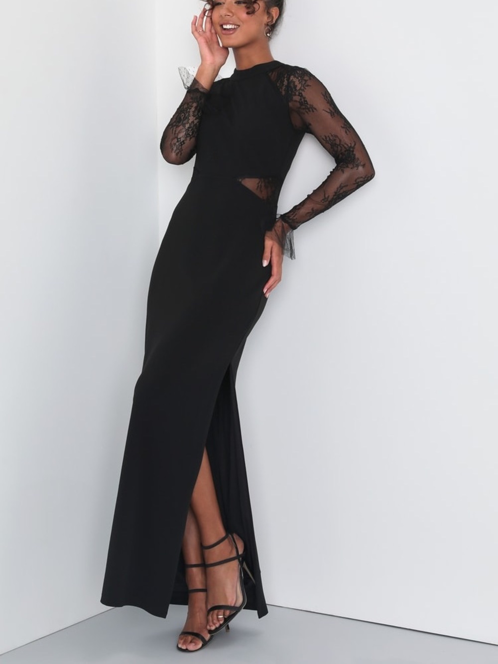 NWT Lulus Bragging Rights Black Lace Long Sleeve Column Maxi Dress